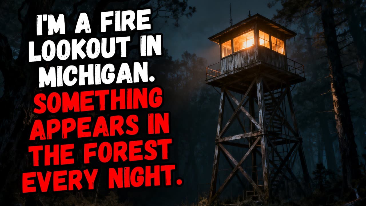 Still from I'm a Fire Lookout in Michigan. Something Appears in the Forest Every Night.