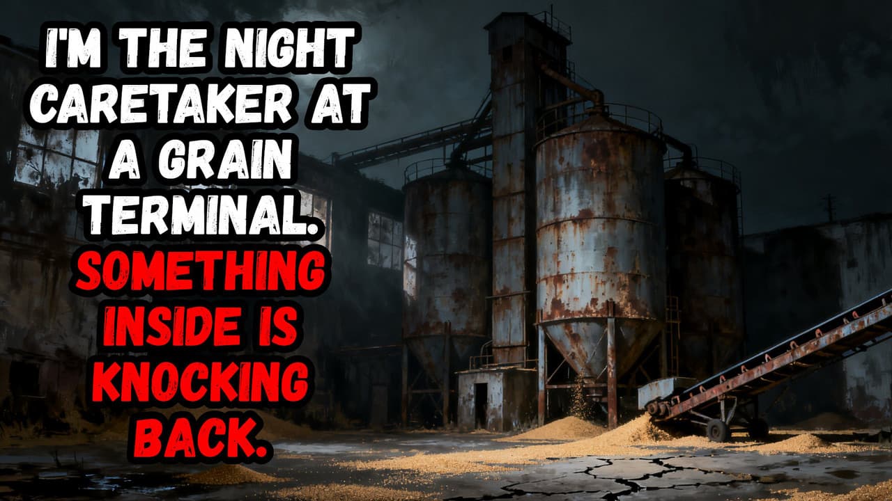 Still from I'm the Night Caretaker at a Grain Terminal. Something Inside Knocks Back.