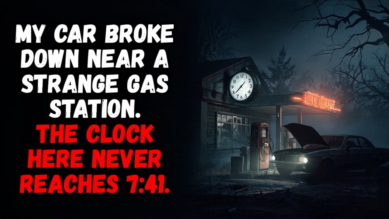 Still from My Car Broke Down Near a Strange Gas Station. The Clock Here Never Reaches 7:41.