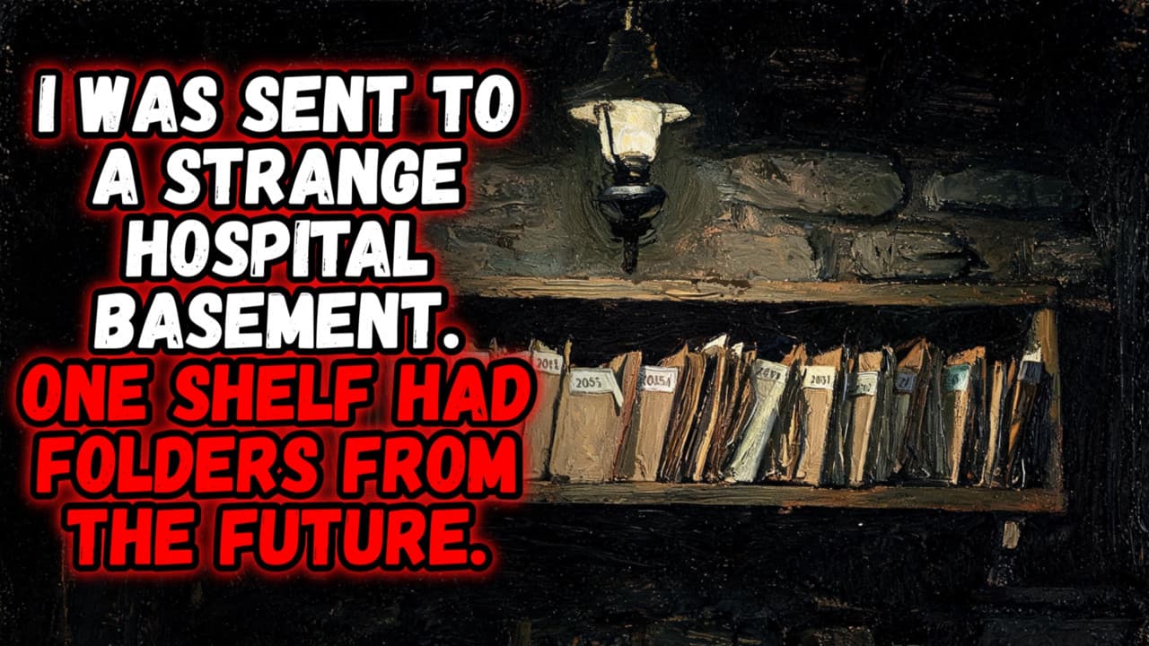 Still from I Was Sent To A Strange Hospital Basement. One Shelf Had Folders From The Future.